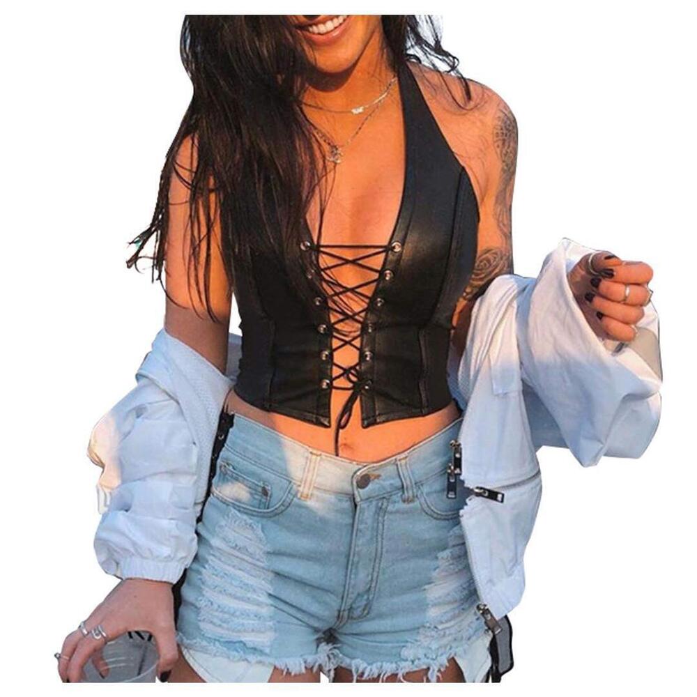 5248 Adjustable Spaghetti Straps PU Leather Bustier Crop Tube Top Black